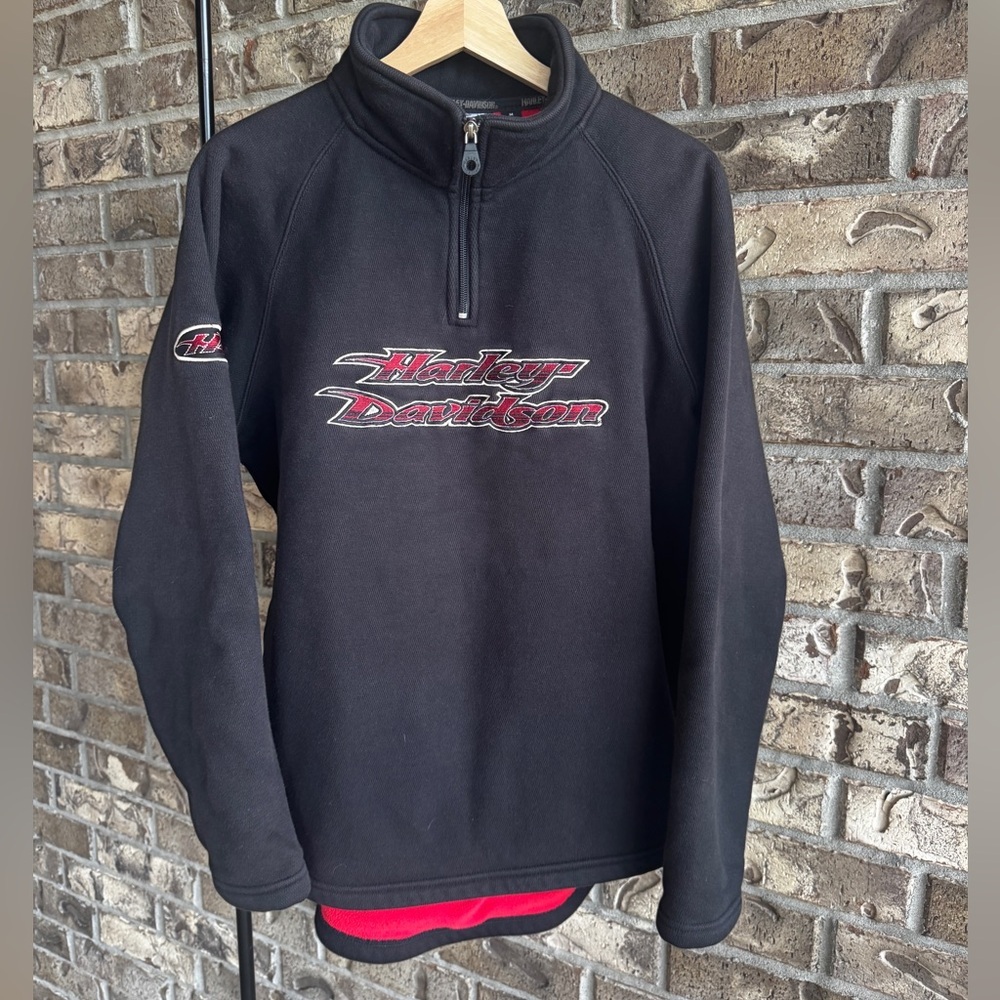 Vintage Harley Davidson Quarter Zip Fleece Pullover Black Red Lined Mens M